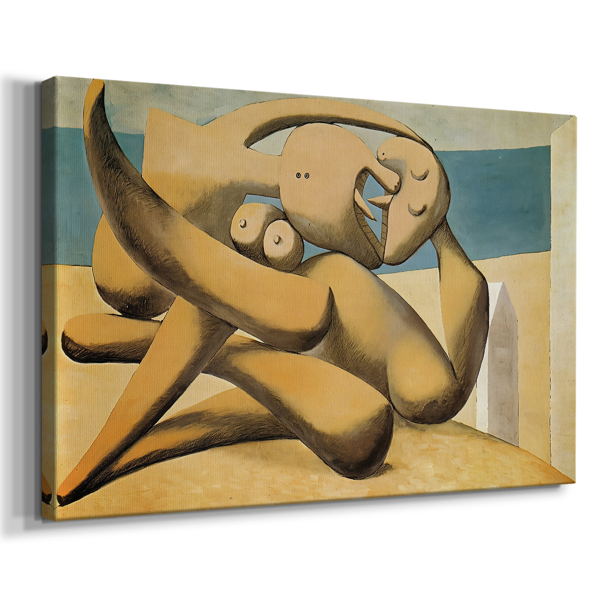 Canvas art print featuring a cubist-style composition of figures interacting at seaside, displayed at an angle