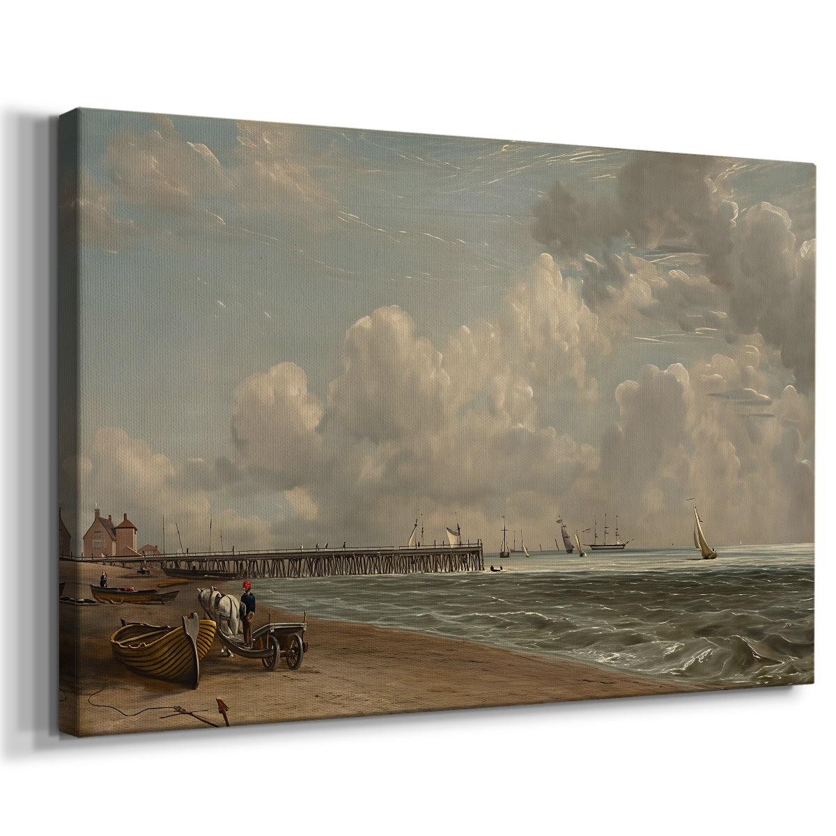 Canvas art print featuring a coastal scene with structure in water, displayed at an angle