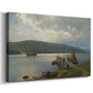 Canvas art print featuring a coastal pier scene with small boats and shoreline, displayed at an angle