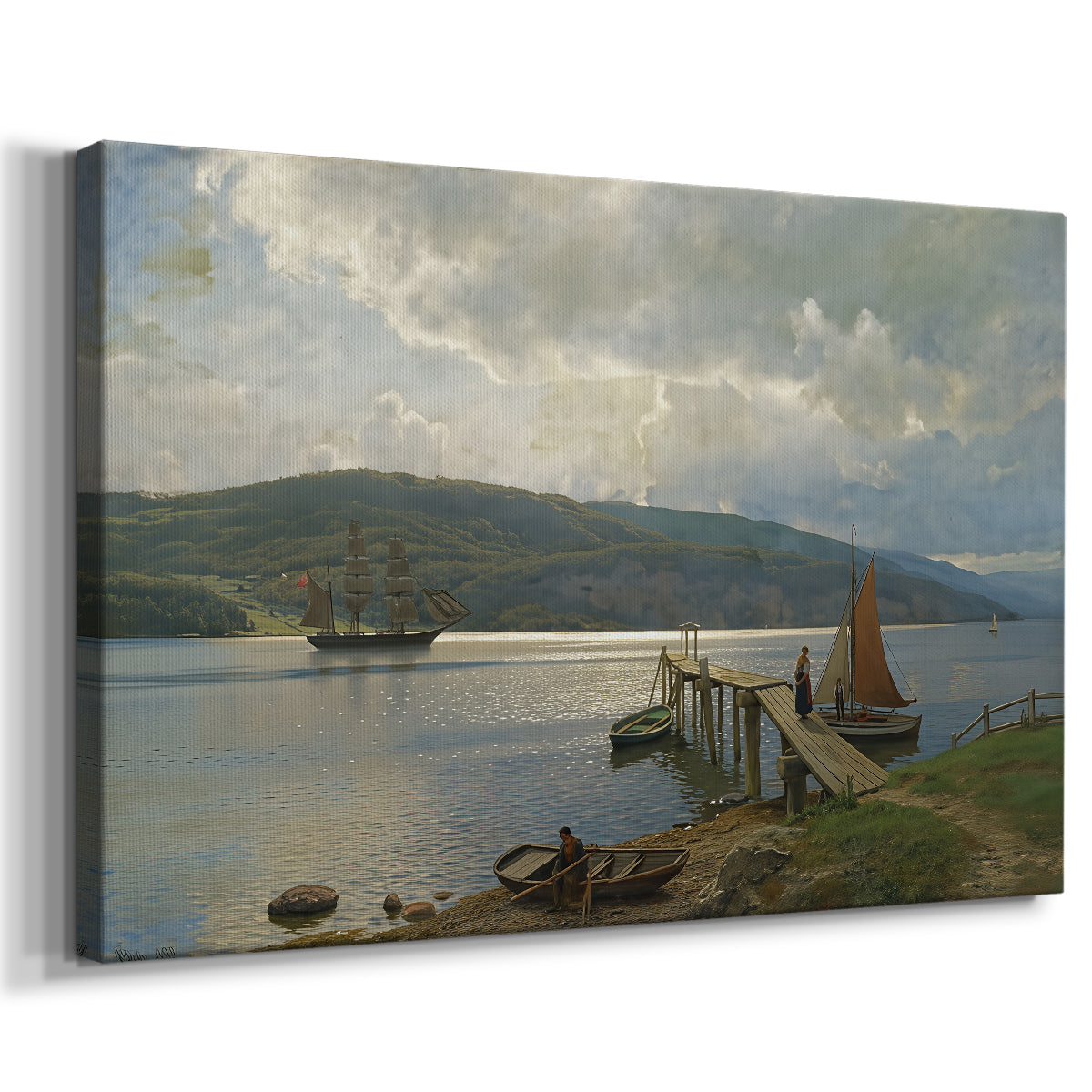 Canvas art print featuring a coastal pier scene with small boats and shoreline, displayed at an angle
