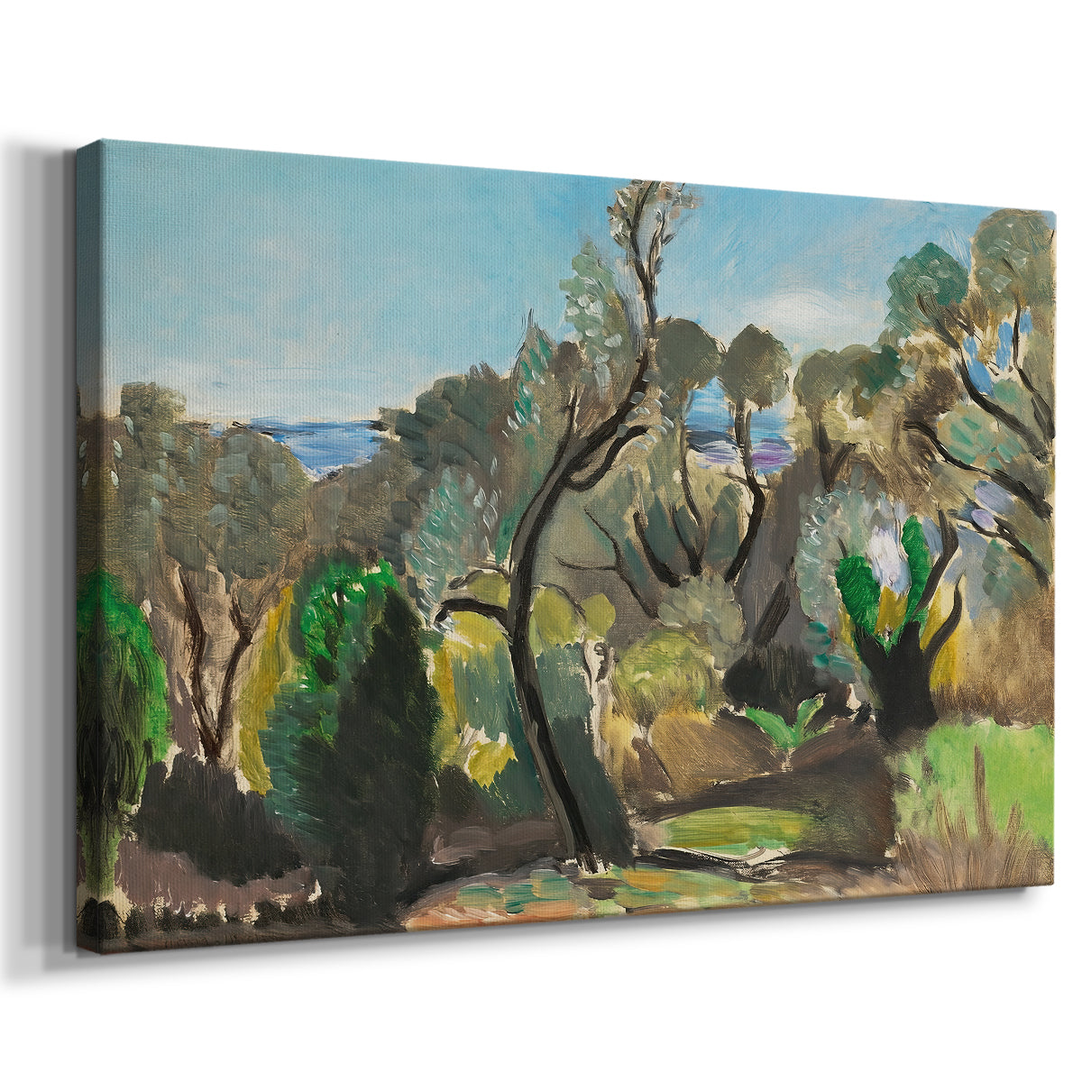 Canvas art print featuring a countryside view with vegetation and distant horizon, displayed at an angle