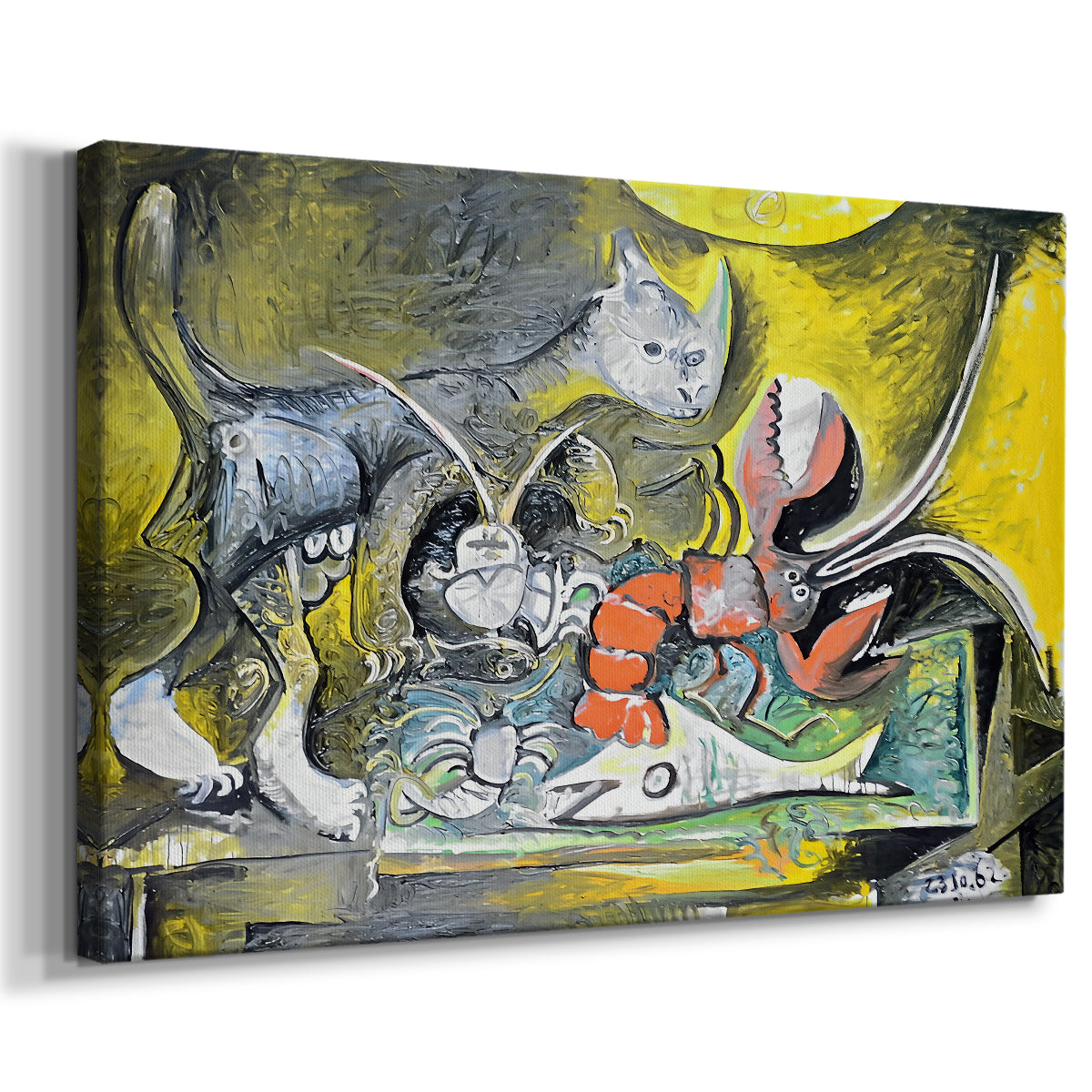 Canvas art print featuring a surreal blend of animal and tabletop elements, displayed at an angle