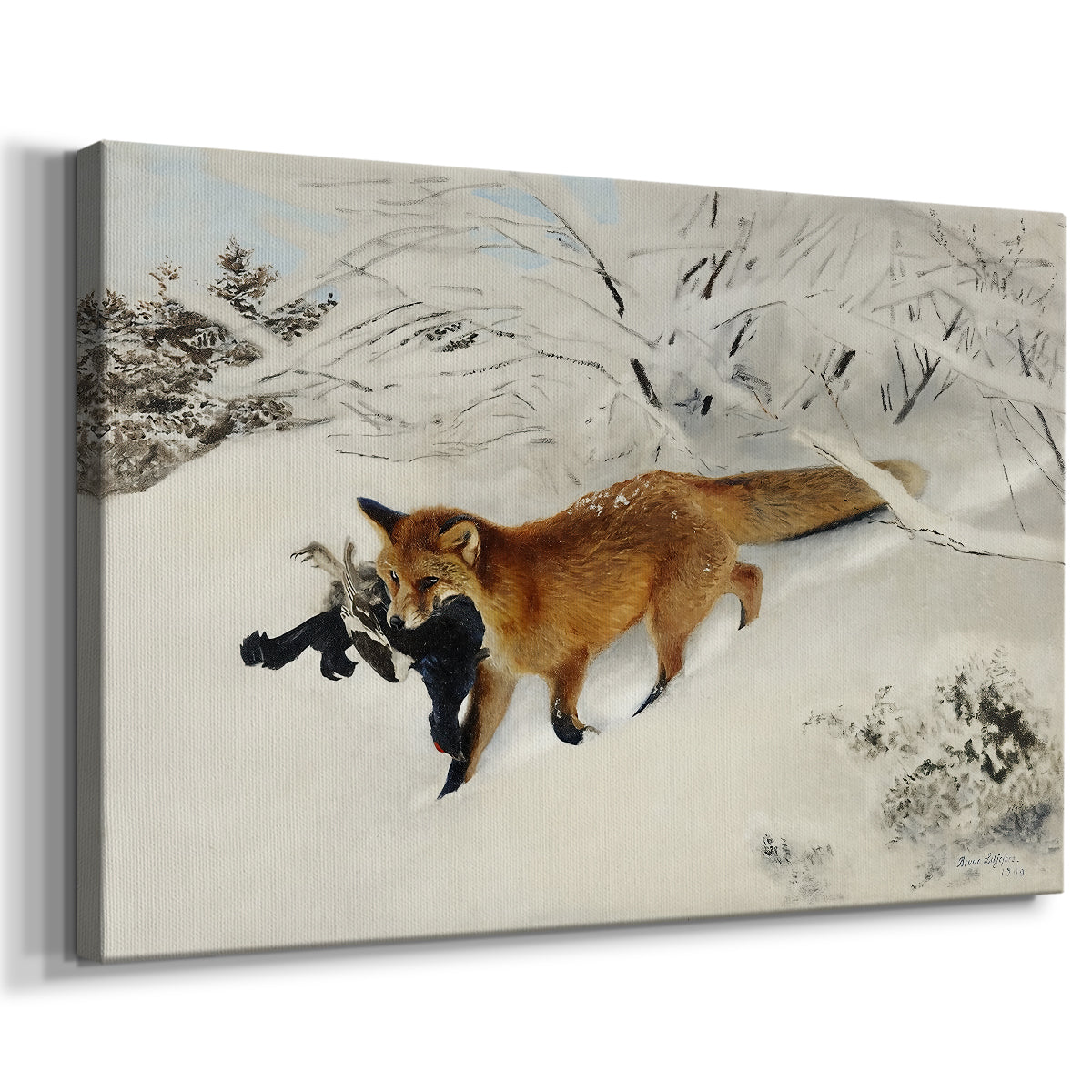 Canvas art print featuring a wildlife scene of fox moving swiftly through winter terrain, displayed at an angle