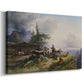 Canvas art print featuring a pastoral scene with animals and rural buildings in mountains, displayed at an angle