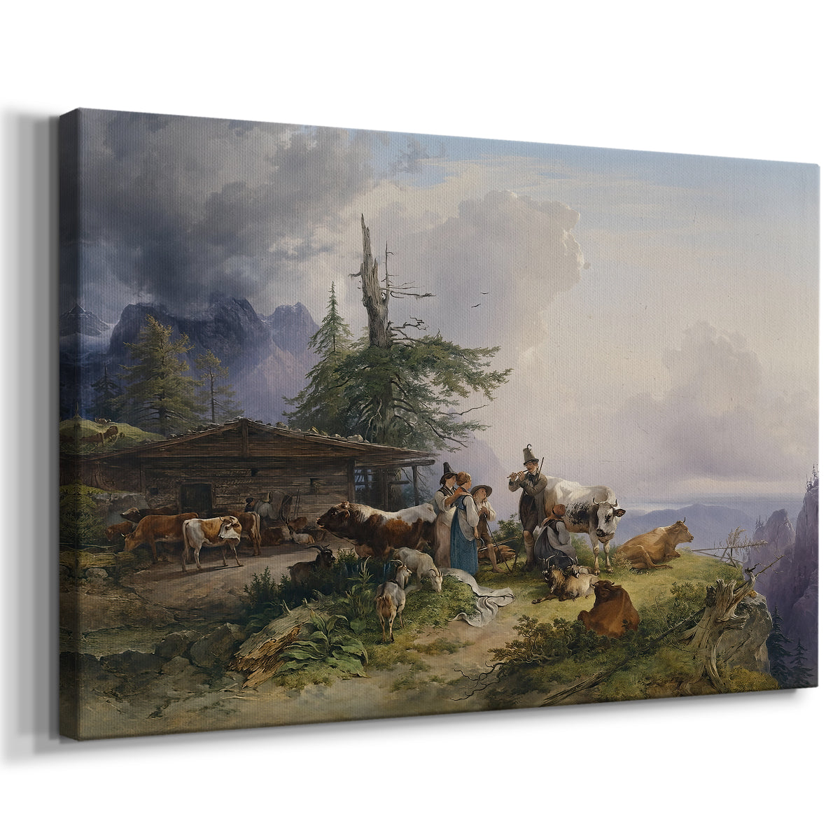 Canvas art print featuring a pastoral scene with animals and rural buildings in mountains, displayed at an angle