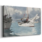 Canvas art print featuring a coastal scene with multiple vessels floating near land, displayed at an angle