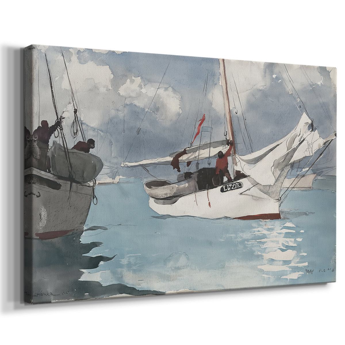Canvas art print featuring a coastal scene with multiple vessels floating near land, displayed at an angle