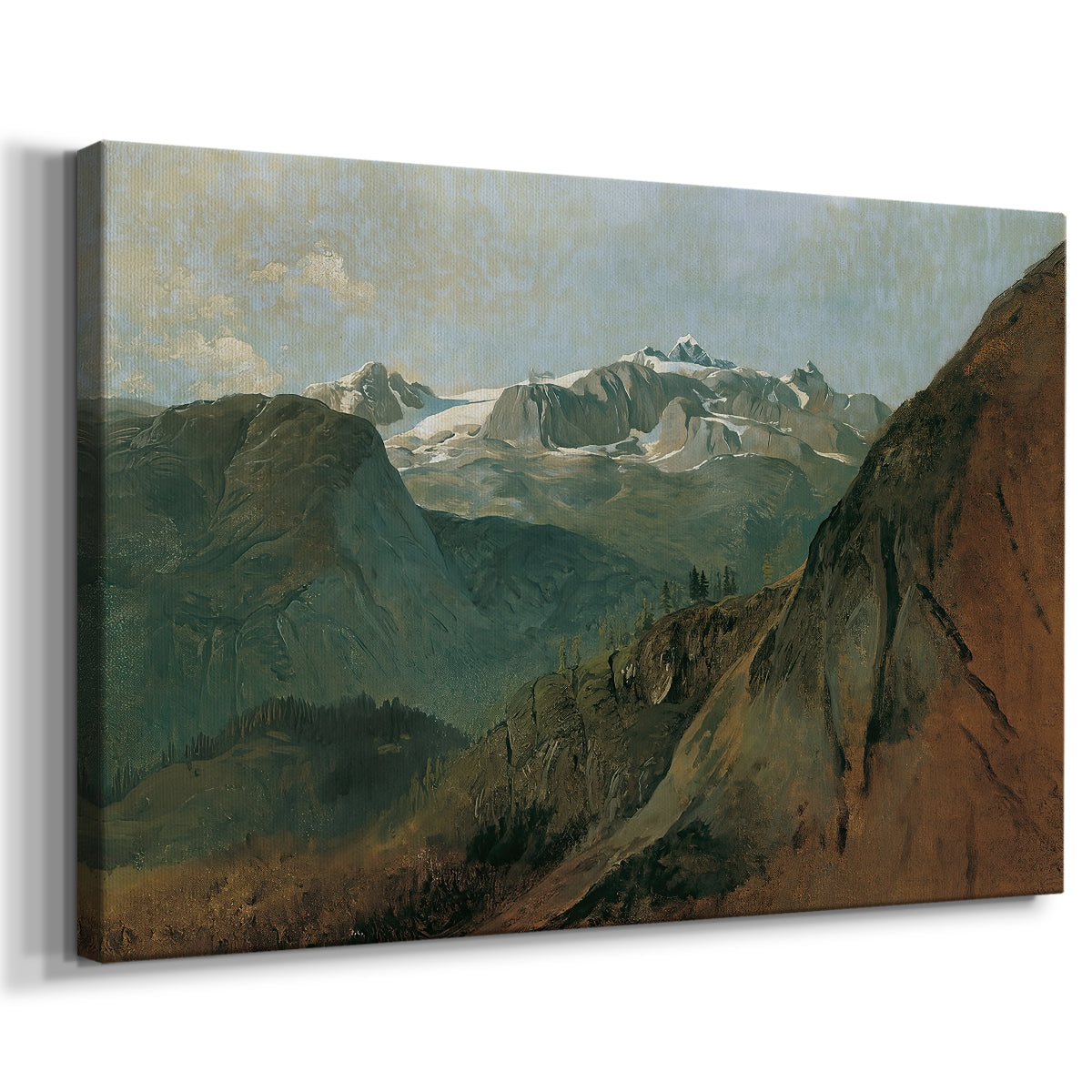 Canvas art print featuring an alpine scene with elevation, displayed at an angle