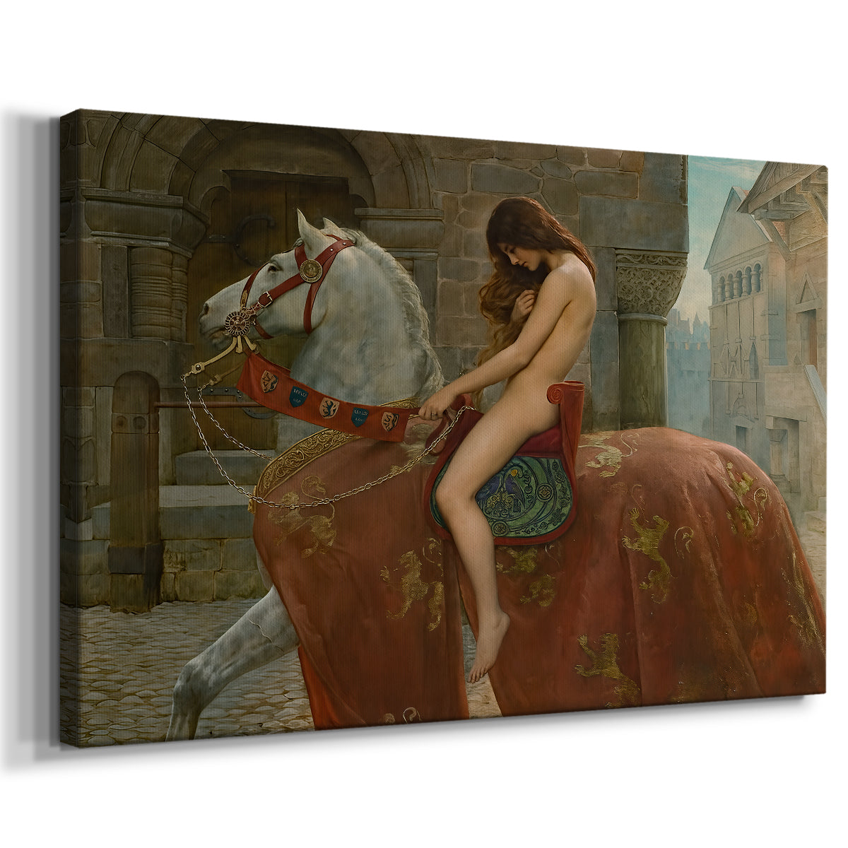 Canvas art print featuring a narrative scene with woman on horseback, displayed at an angle