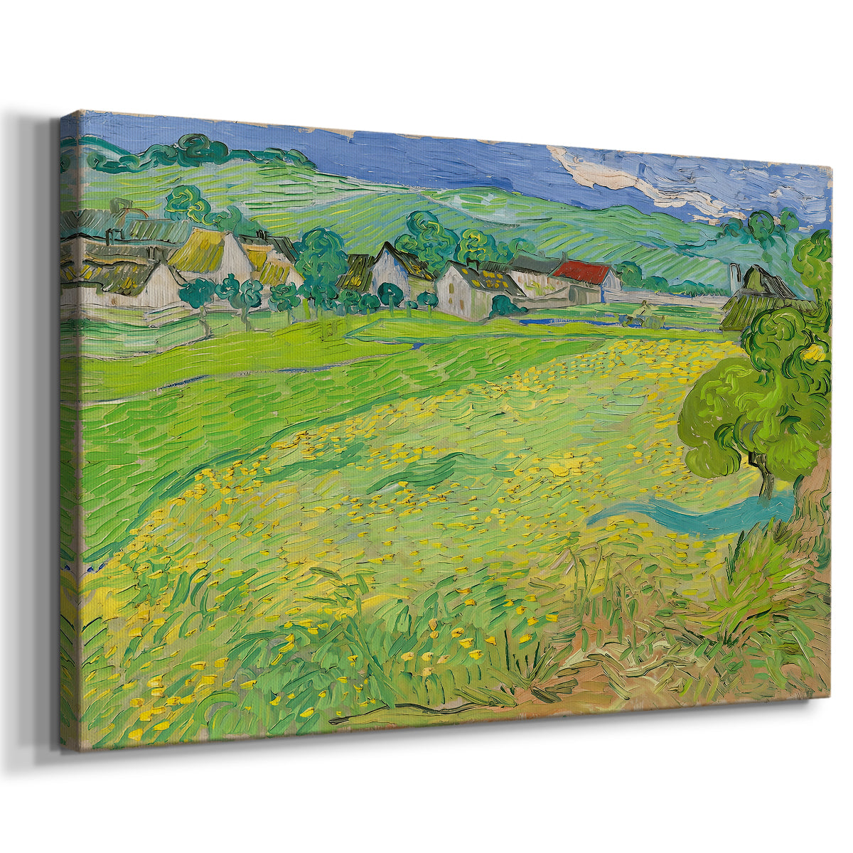 Canvas art print featuring an expressive countryside scene with buildings and terrain, displayed at an angle
