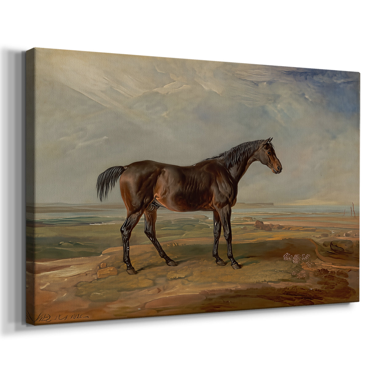 Canvas art print featuring a detailed horse portrait with estuary visible in background, displayed at an angle