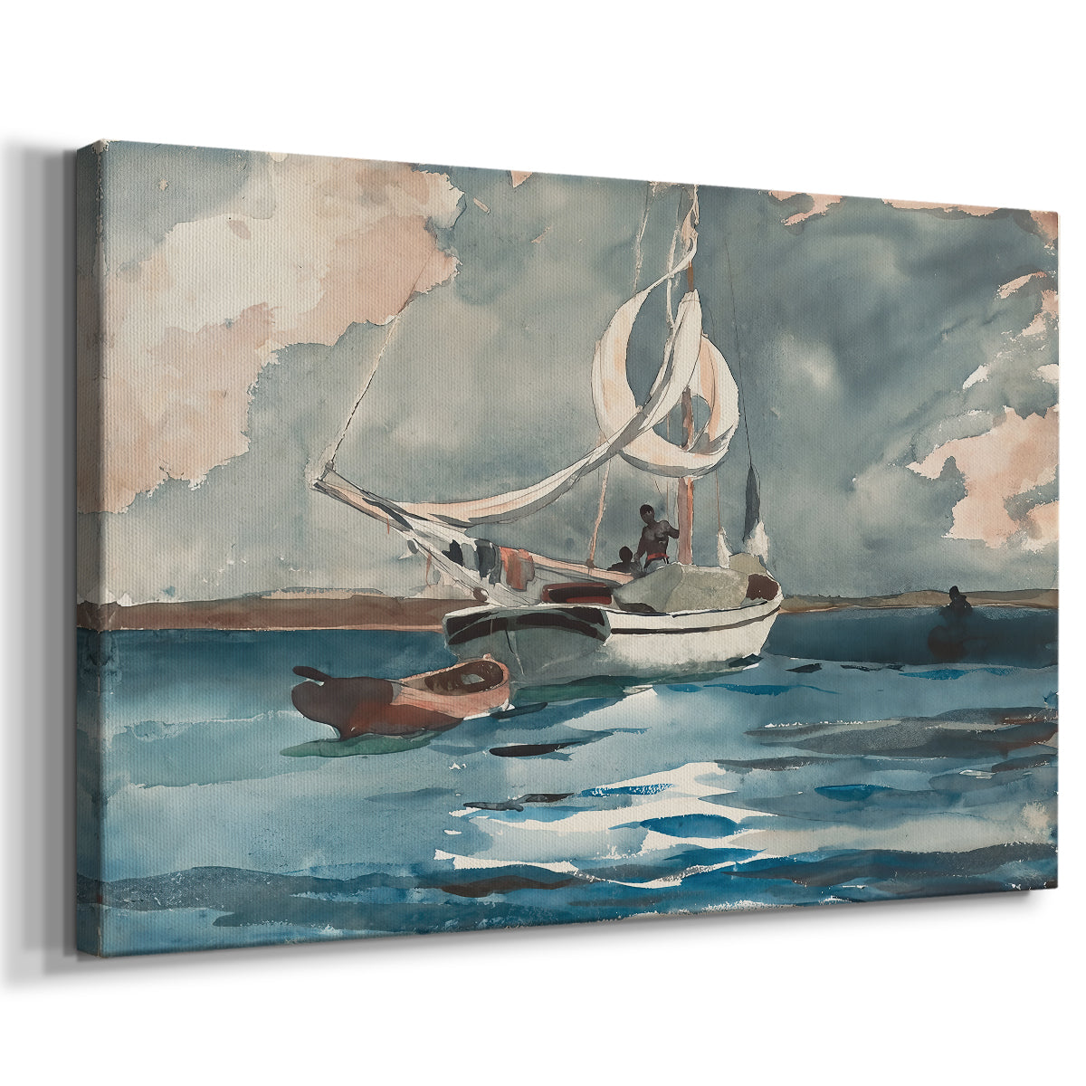 Canvas art print featuring a nautical scene with white sail cutting across calm sea, displayed at an angle