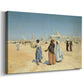 Canvas art print featuring an expansive desert landscape with people and architectural landmarks, displayed at an angle