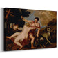 Canvas art print featuring a Renaissance outdoor scene with Venus reaching toward Adonis, displayed at an angle