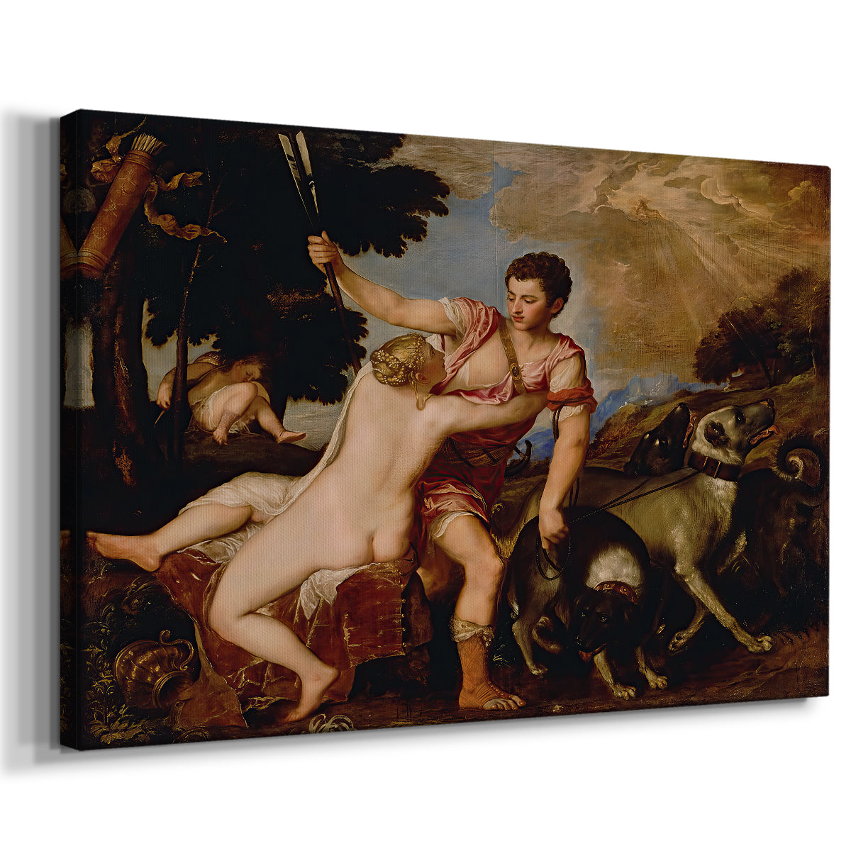 Canvas art print featuring a Renaissance outdoor scene with Venus reaching toward Adonis, displayed at an angle