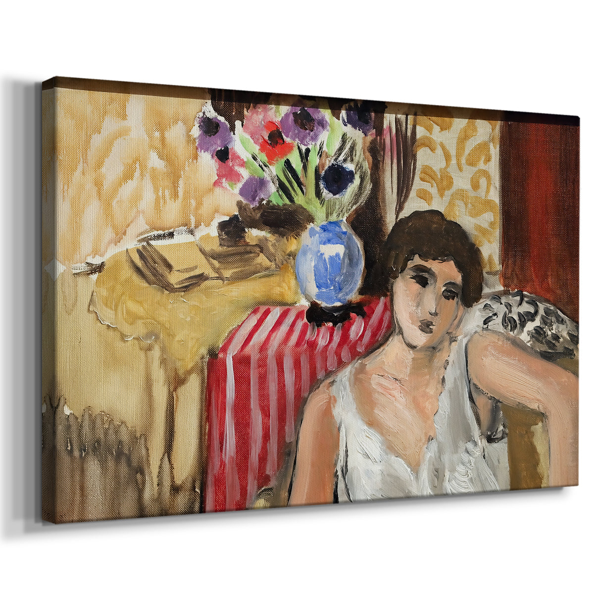 Canvas art print featuring a Fauvist portrait of a woman resting indoors, displayed at an angle