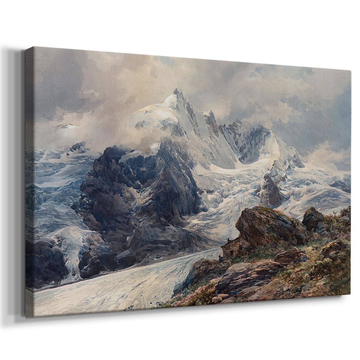Canvas art print featuring a dramatic mountain summit with snow and rugged slopes, displayed at an angle