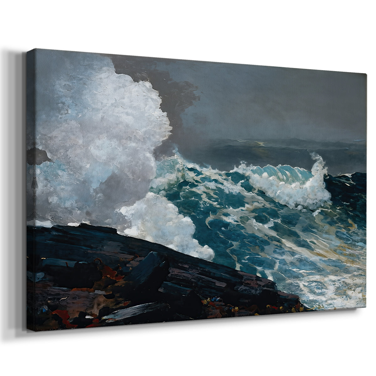 Canvas art print featuring a dramatic ocean scene with turbulent water and spray, displayed at an angle