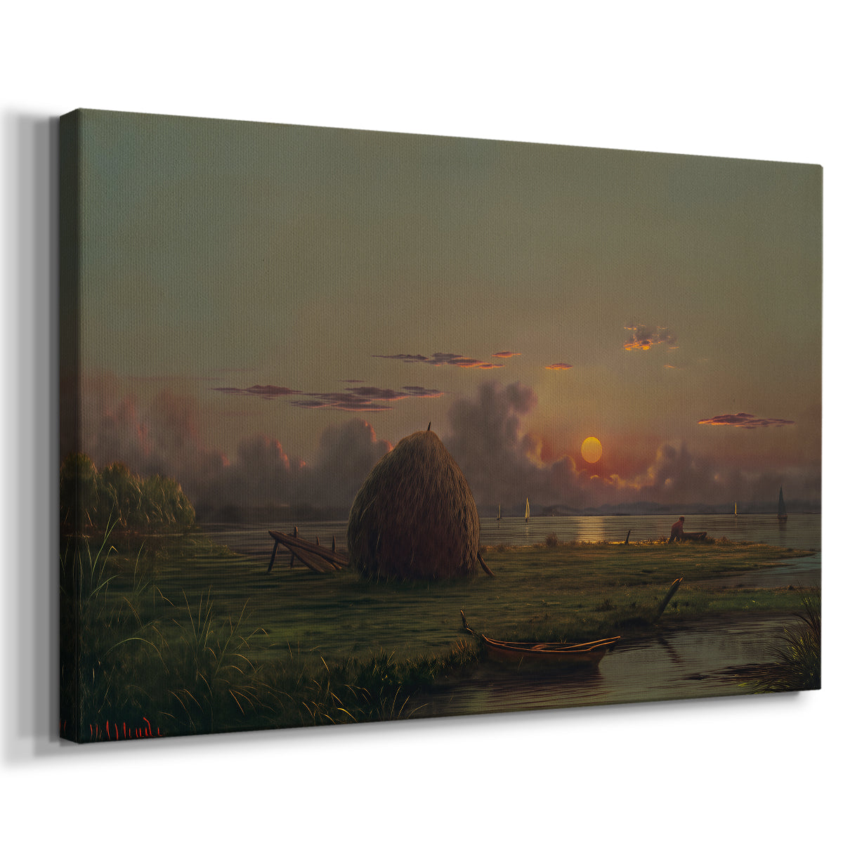 Canvas art print featuring a pastoral landscape with evening light, displayed at an angle