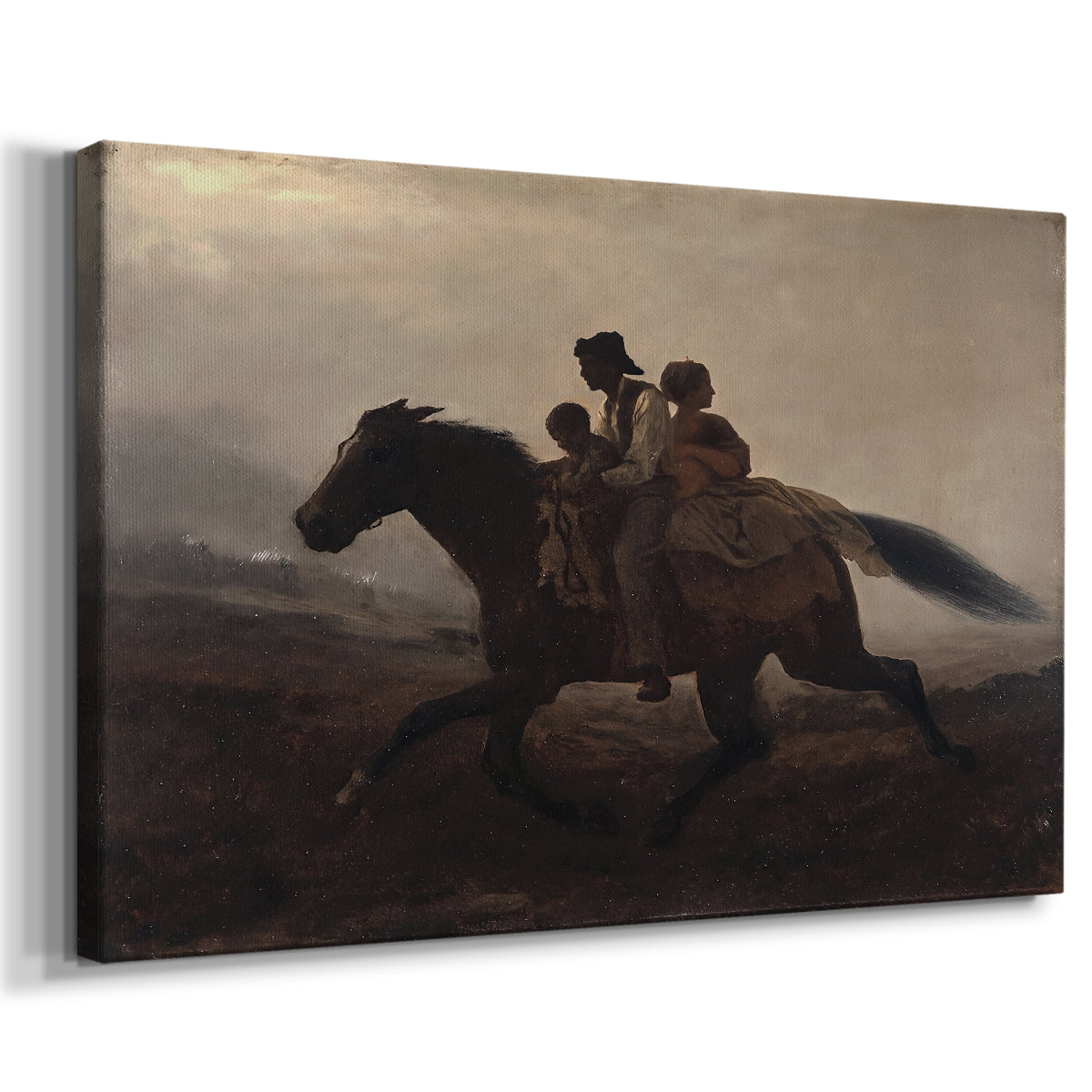 Canvas art print featuring a dramatic scene of enslaved people fleeing on horseback in darkness, displayed at an angle