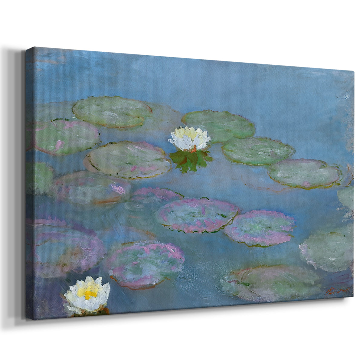 Canvas art print featuring an impressionist pond scene with lily pads and soft reflections, displayed at an angle