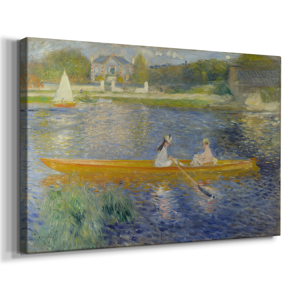 Canvas art print featuring an impressionist boating scene with people relaxing in a narrow skiff, displayed at an angle