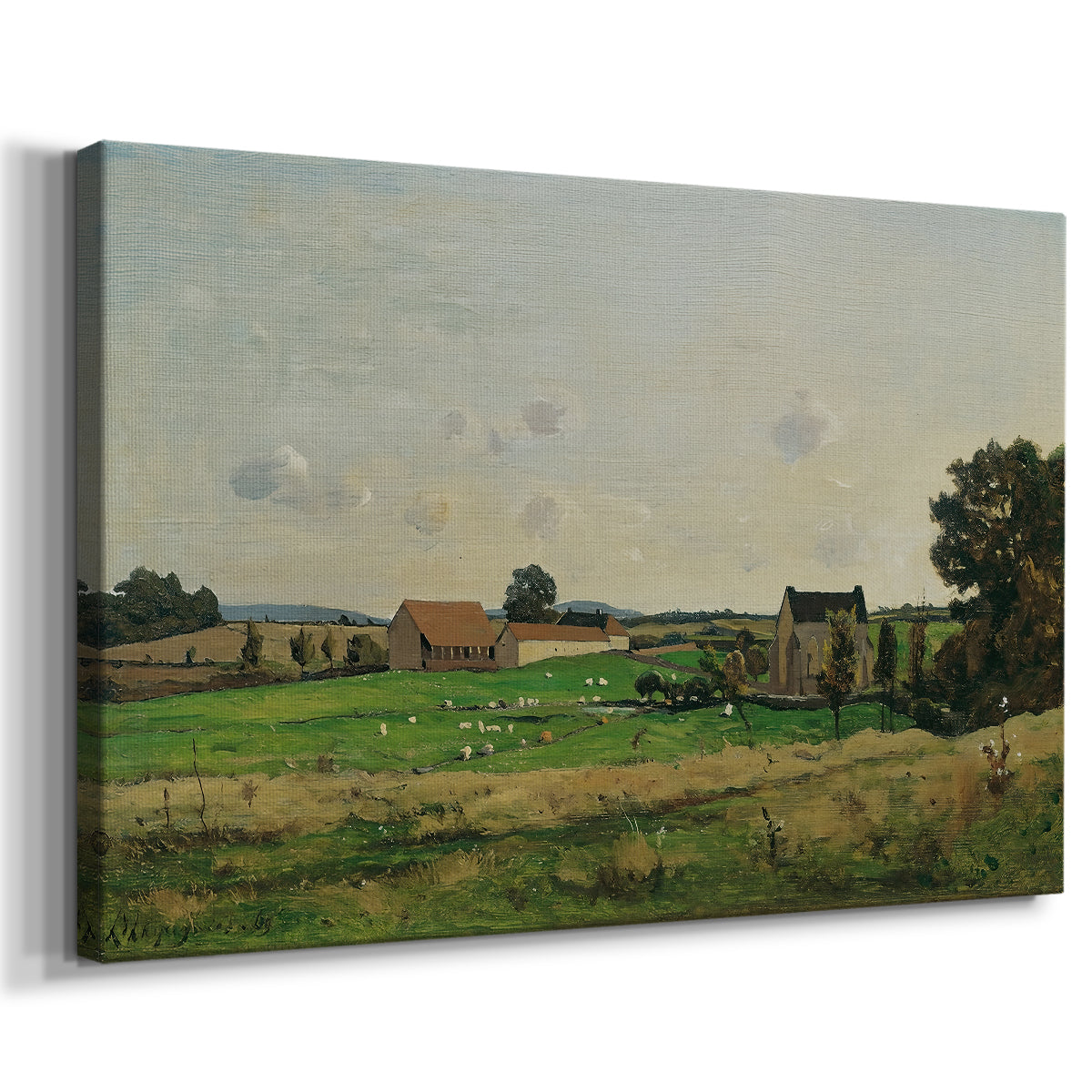 Canvas art print featuring a countryside property with architecture and natural setting, displayed at an angle