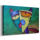 Canvas art print featuring a cubist-inspired feline portrait, displayed at an angle