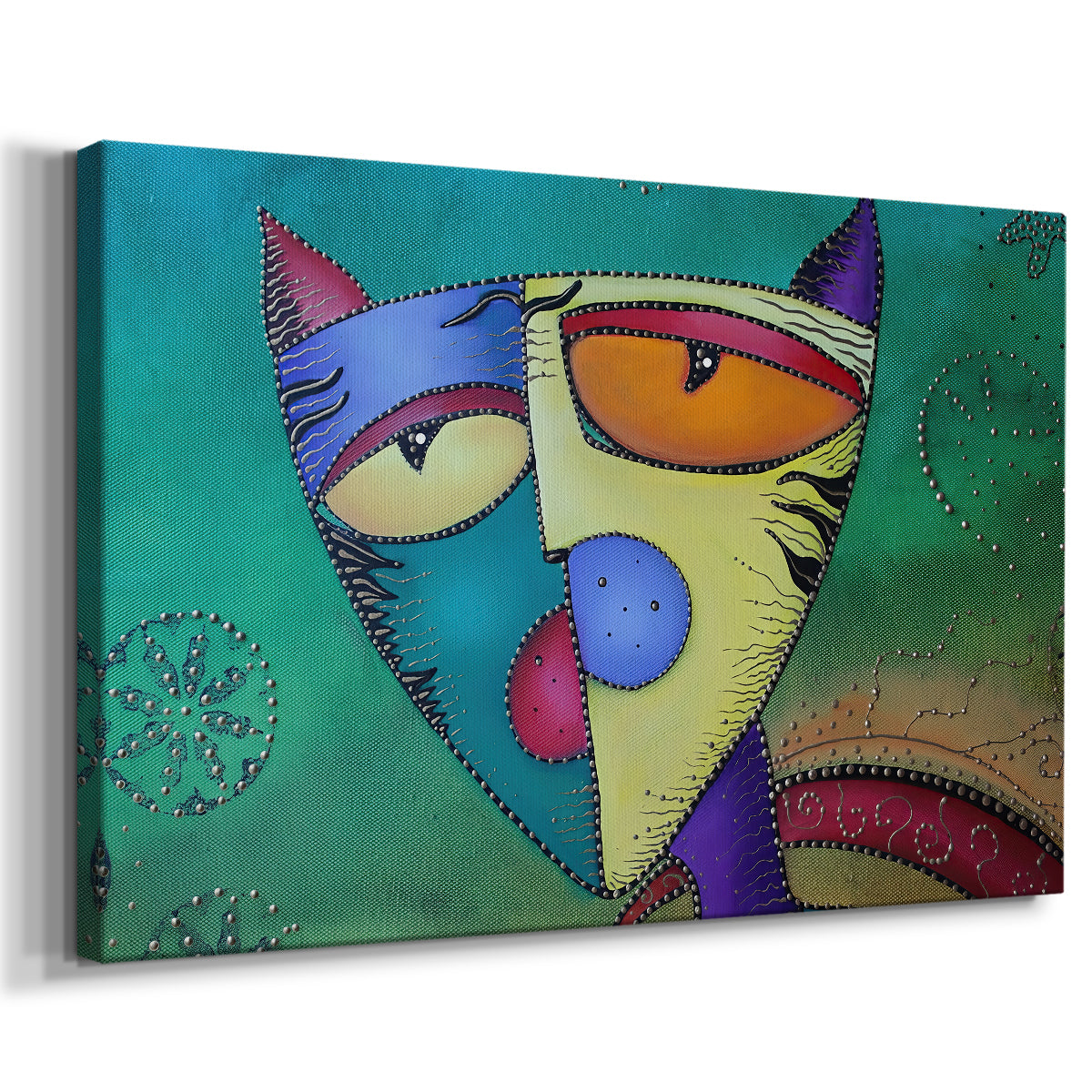 Canvas art print featuring a cubist-inspired feline portrait, displayed at an angle