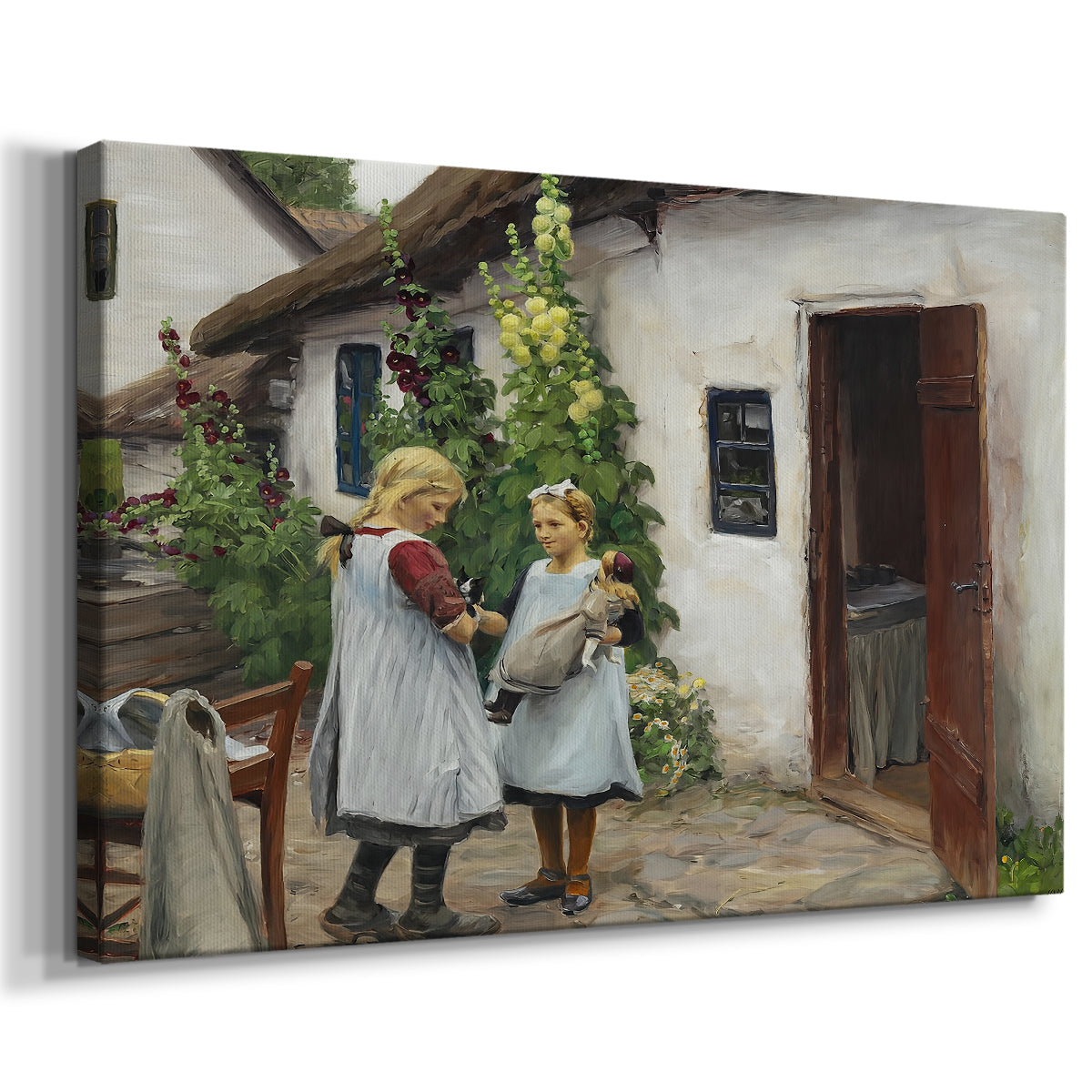 Canvas art print featuring a rural scene with figures near doorway in domestic setting, displayed at an angle