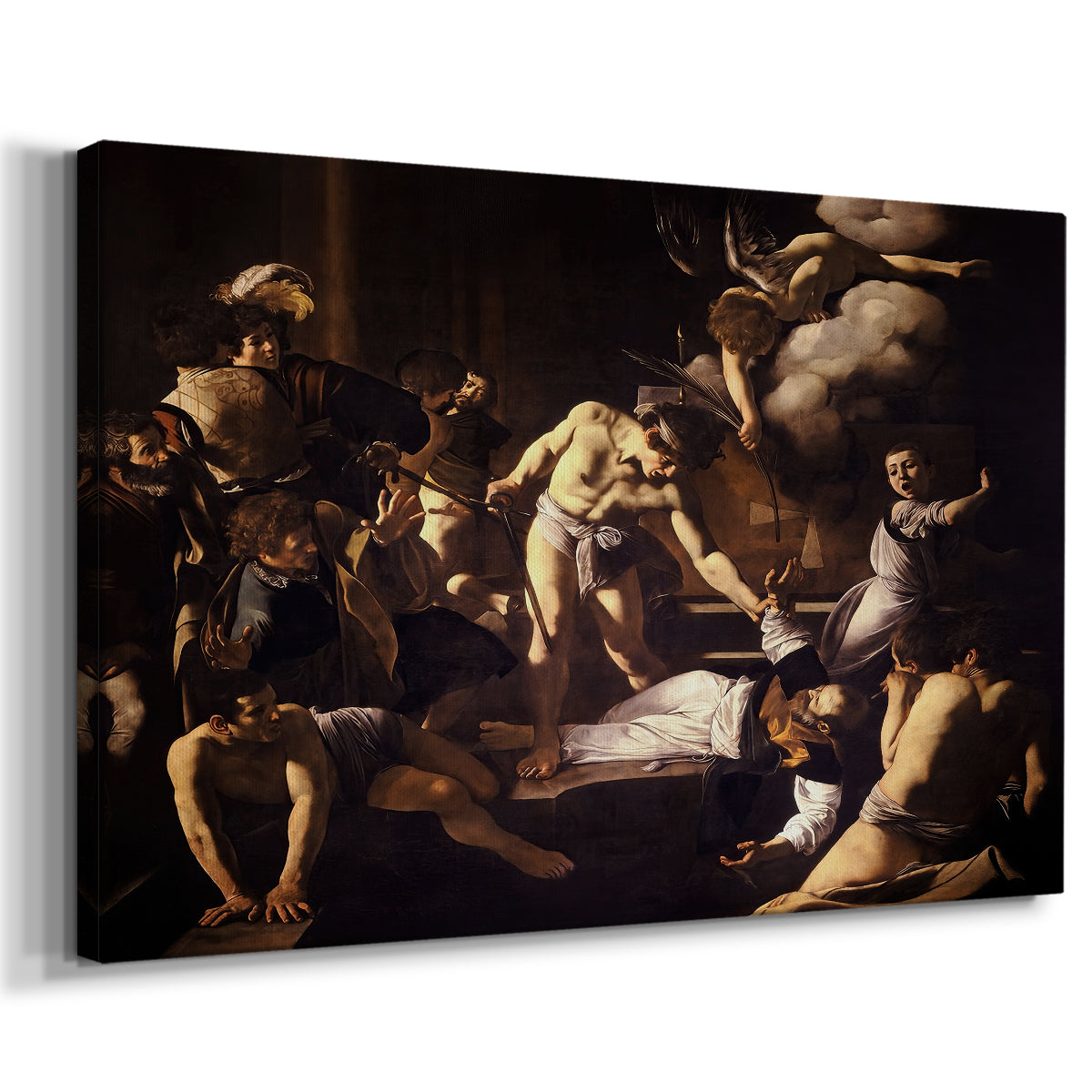 Canvas art print featuring a dramatic moment of martyrdom with figures reacting in panic, displayed at an angle