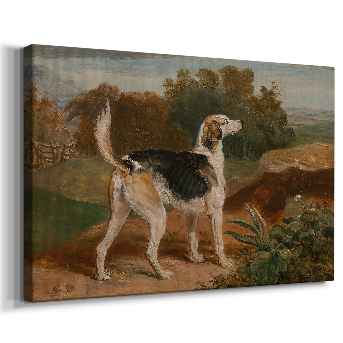 Canvas art print featuring a detailed portrait of hound in outdoor setting, displayed at an angle