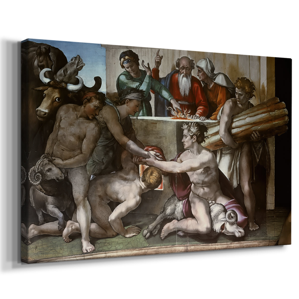 Canvas art print featuring a classical scene of religious offering, displayed at an angle