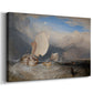 Canvas art print featuring a maritime scene with boats and people gathered along shoreline, displayed at an angle