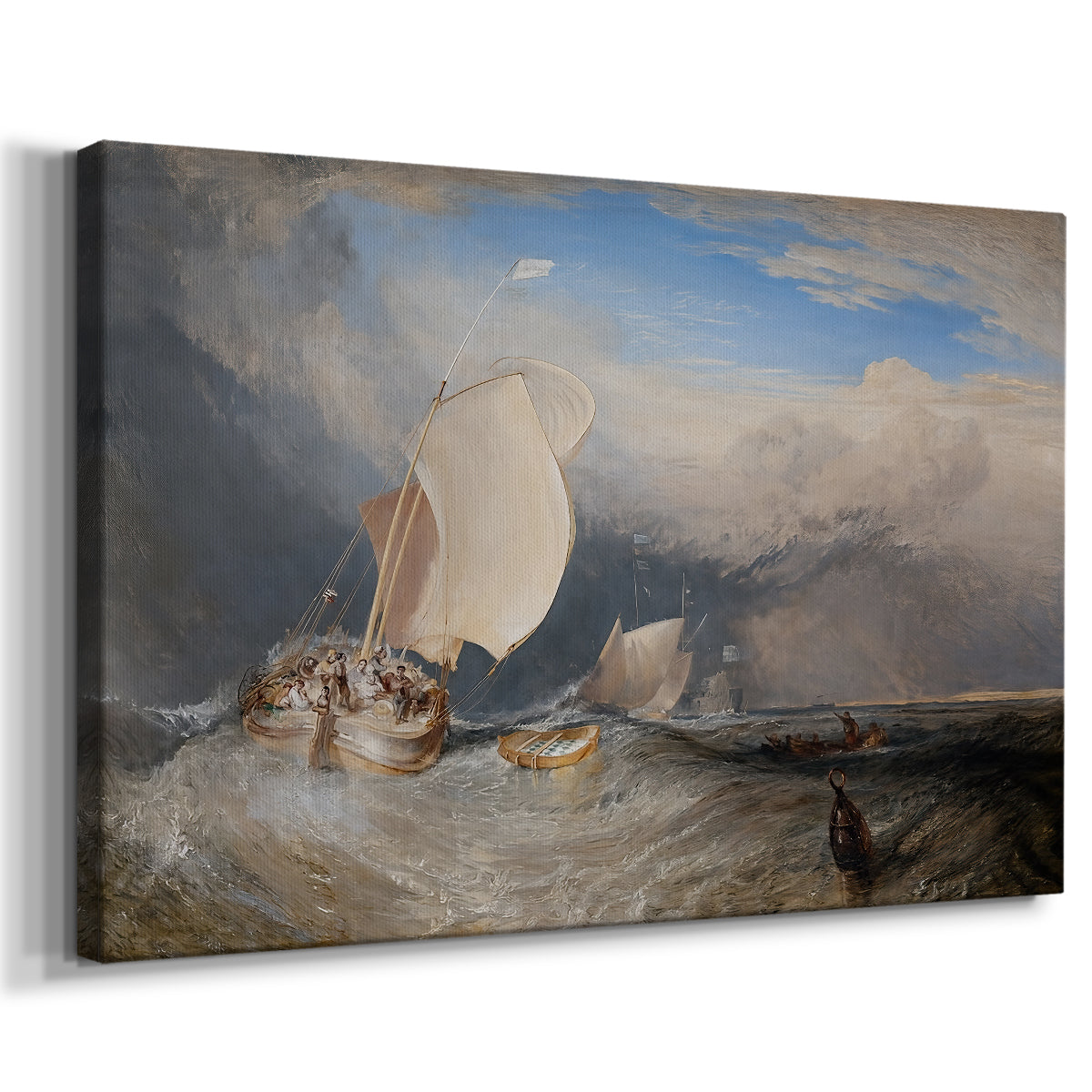 Canvas art print featuring a maritime scene with boats and people gathered along shoreline, displayed at an angle