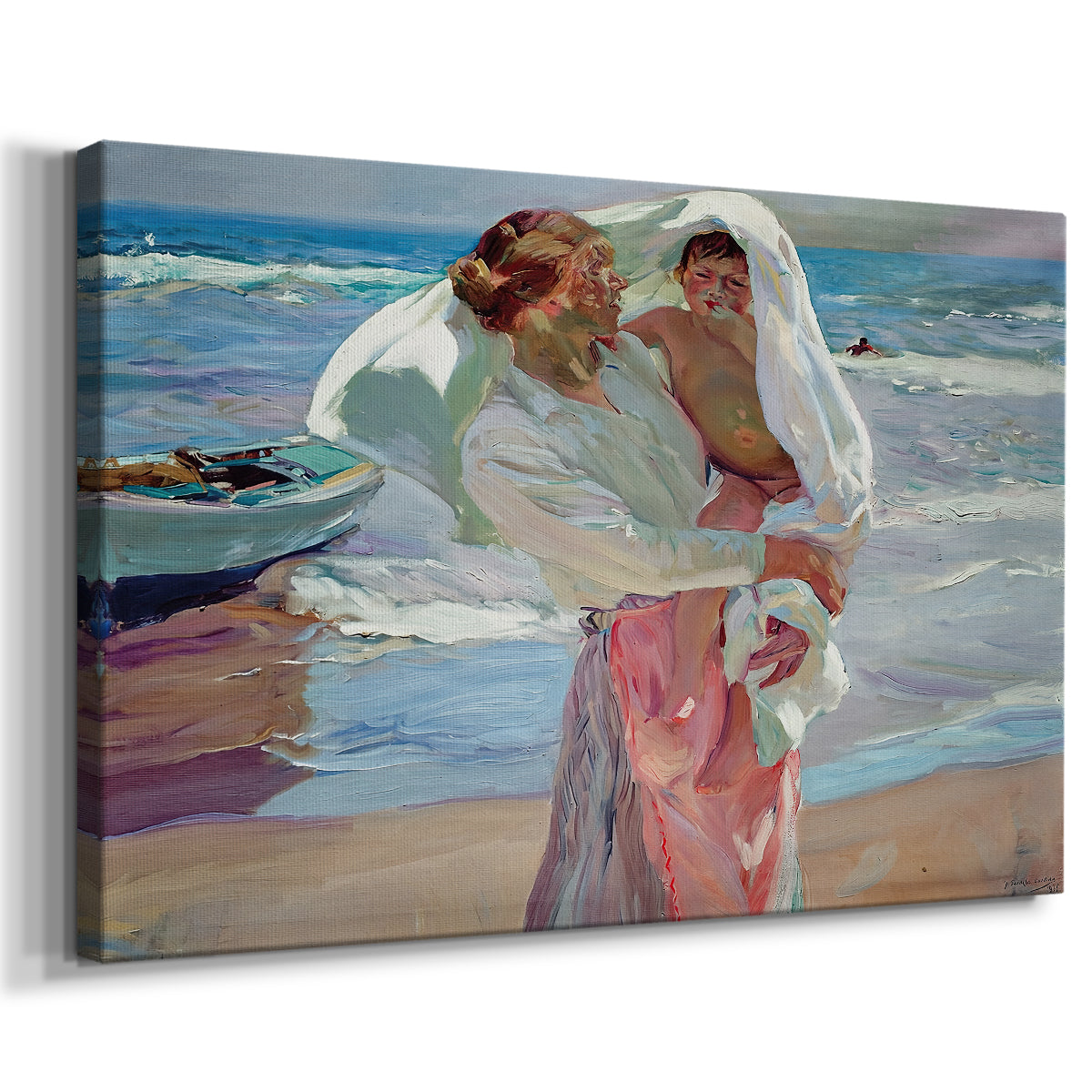 Canvas art print featuring a seaside scene with people near water in relaxed poses, displayed at an angle