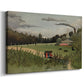 Canvas art print featuring a naïve depiction of factory scene with people and structures, displayed at an angle