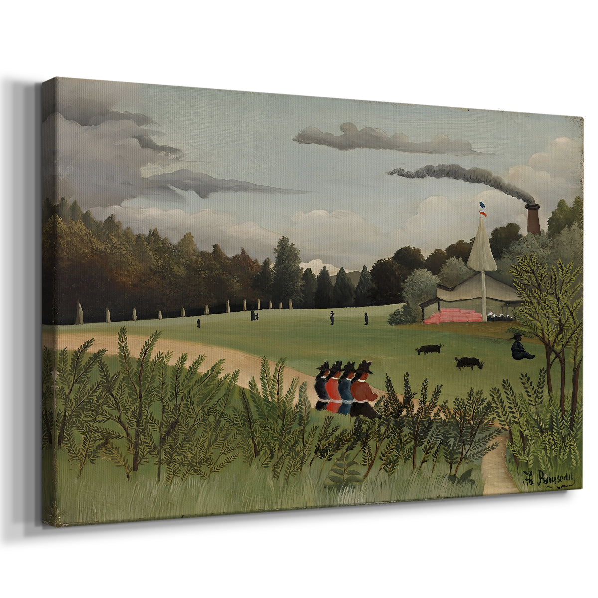 Canvas art print featuring a naïve depiction of factory scene with people and structures, displayed at an angle