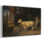 Canvas art print featuring a farm animals resting within enclosed rustic structure, displayed at an angle