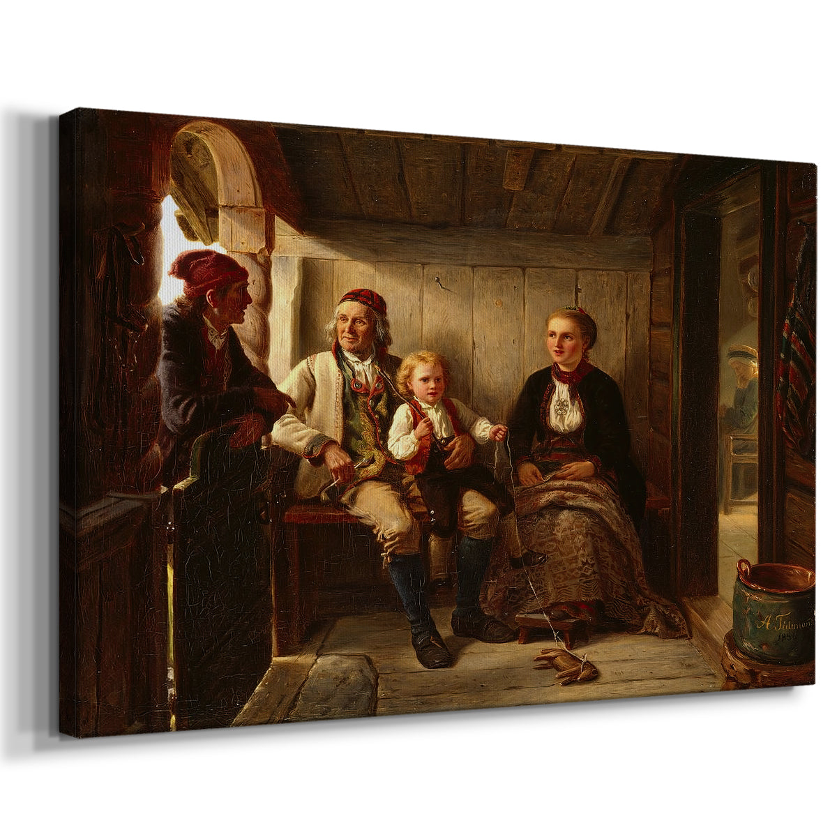 Canvas art print featuring a Norwegian farmhouse scene with neighbors socializing indoors around a table, displayed at an angle