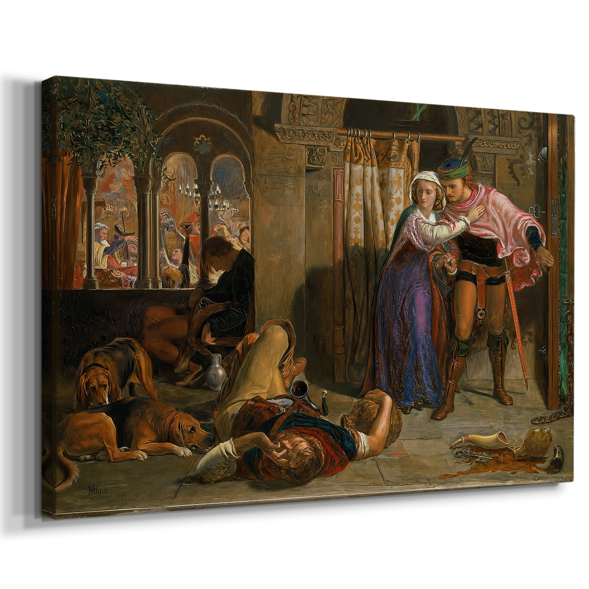 Canvas art print featuring a narrative scene showing figures escaping through richly detailed room, displayed at an angle