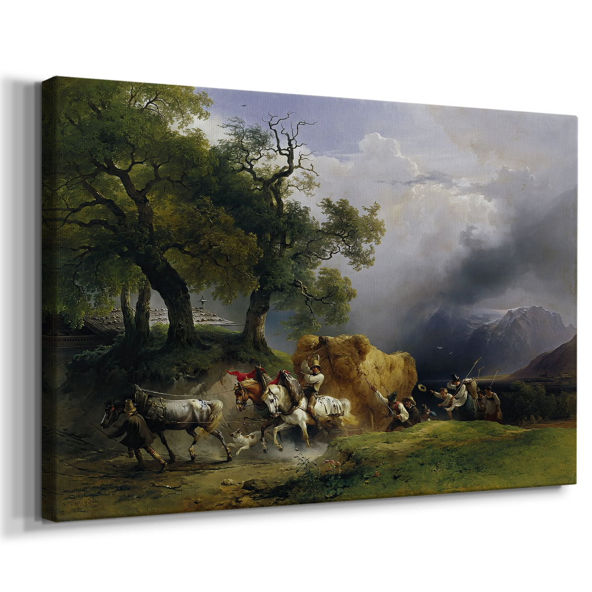 Canvas art print featuring a pastoral farming scene in countryside setting, displayed at an angle