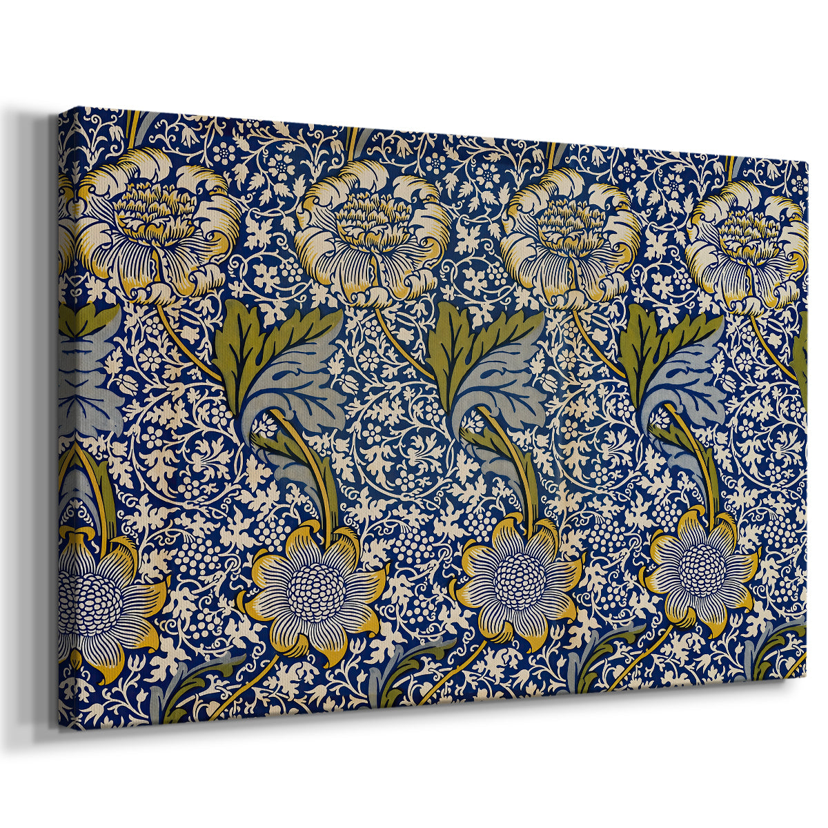 Canvas art print featuring a textile design featuring animals among foliage in repeating arrangement, displayed at an angle
