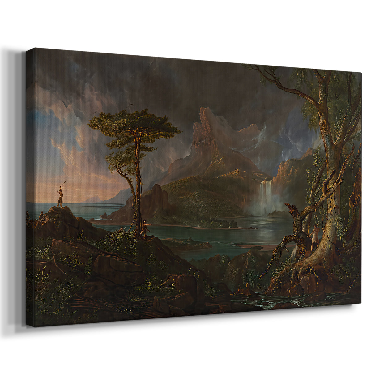 Canvas art print featuring an untamed wilderness scene with strong natural elements, displayed at an angle