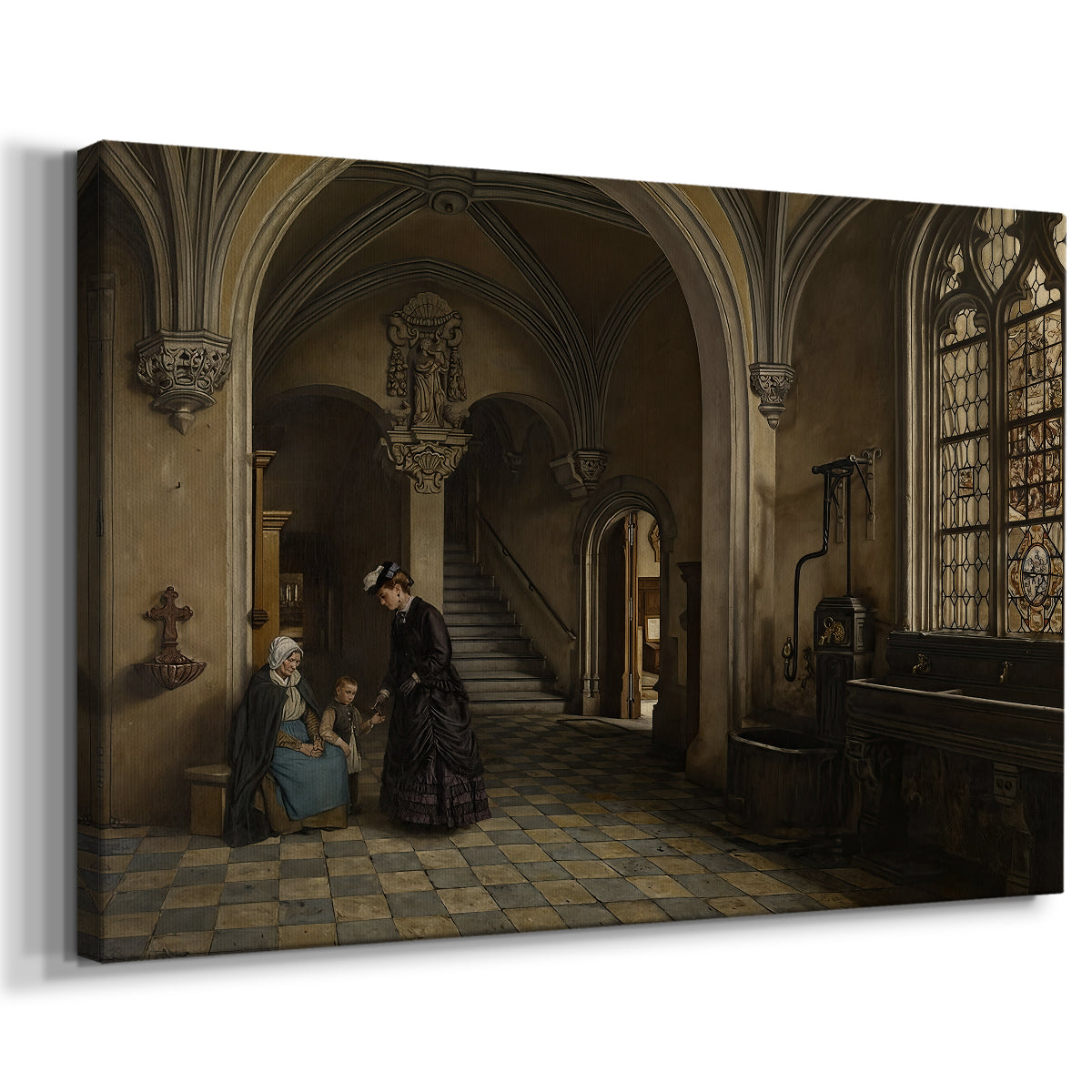 Canvas art print featuring an architectural scene with long perspective through interior space, displayed at an angle
