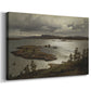 Canvas art print featuring a coastal scene with calm fjord and surrounding terrain, displayed at an angle