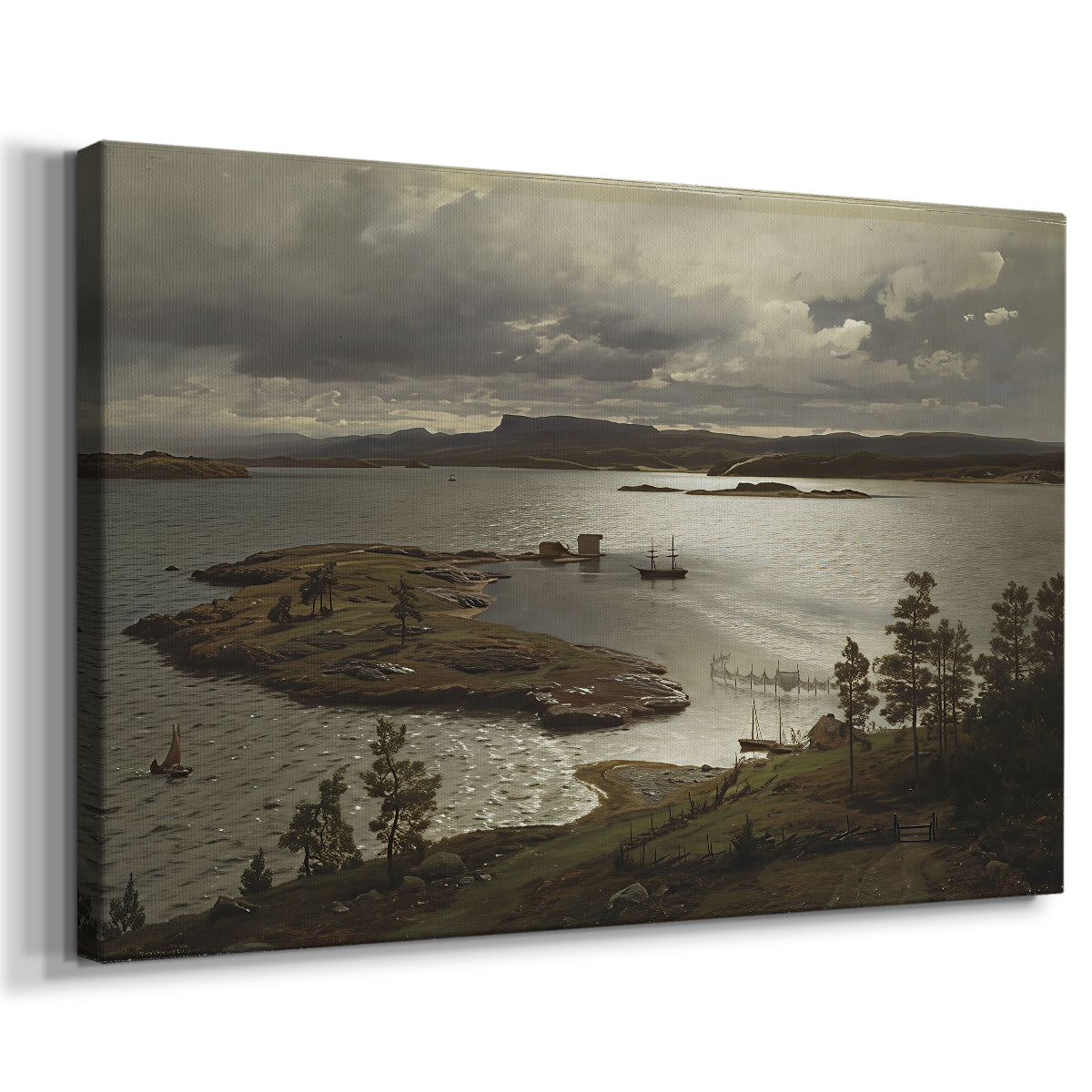 Canvas art print featuring a coastal scene with calm fjord and surrounding terrain, displayed at an angle