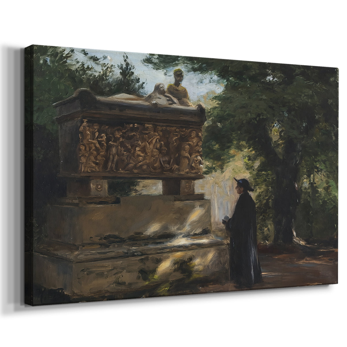 Canvas art print featuring a religious figure observing carved tomb in dim interior, displayed at an angle
