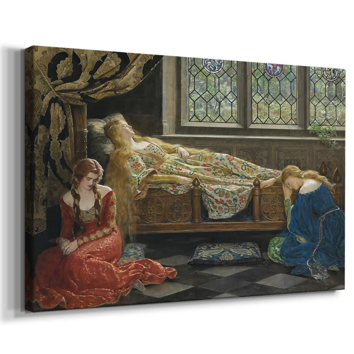 Canvas art print featuring a narrative scene of sleeping woman, displayed at an angle