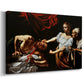 Canvas art print featuring a dramatic biblical scene of woman beheading man in bed, displayed at an angle